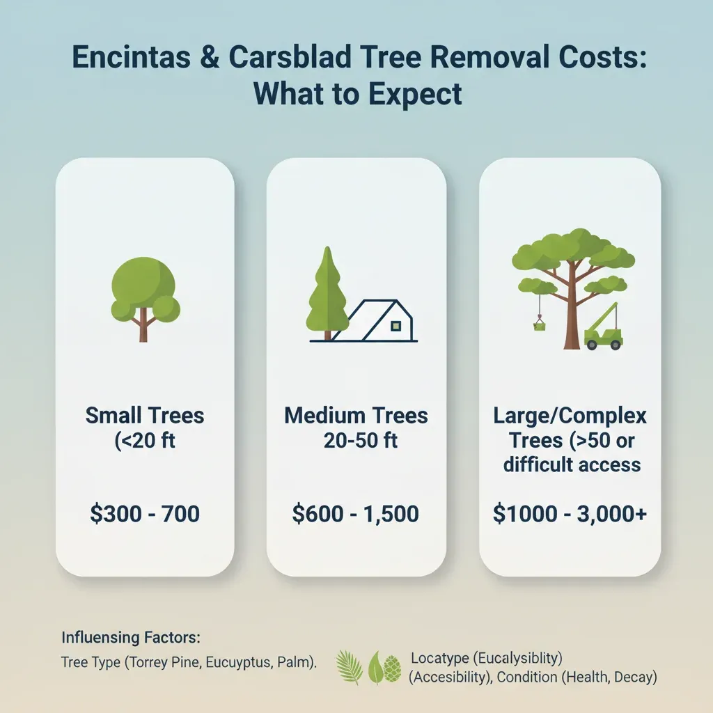 Infographic illustrating key factors affecting tree removal costs in Encinitas and Carlsbad, including tree size, accessibility, and condition, with estimated price ranges for small, medium, and large trees.