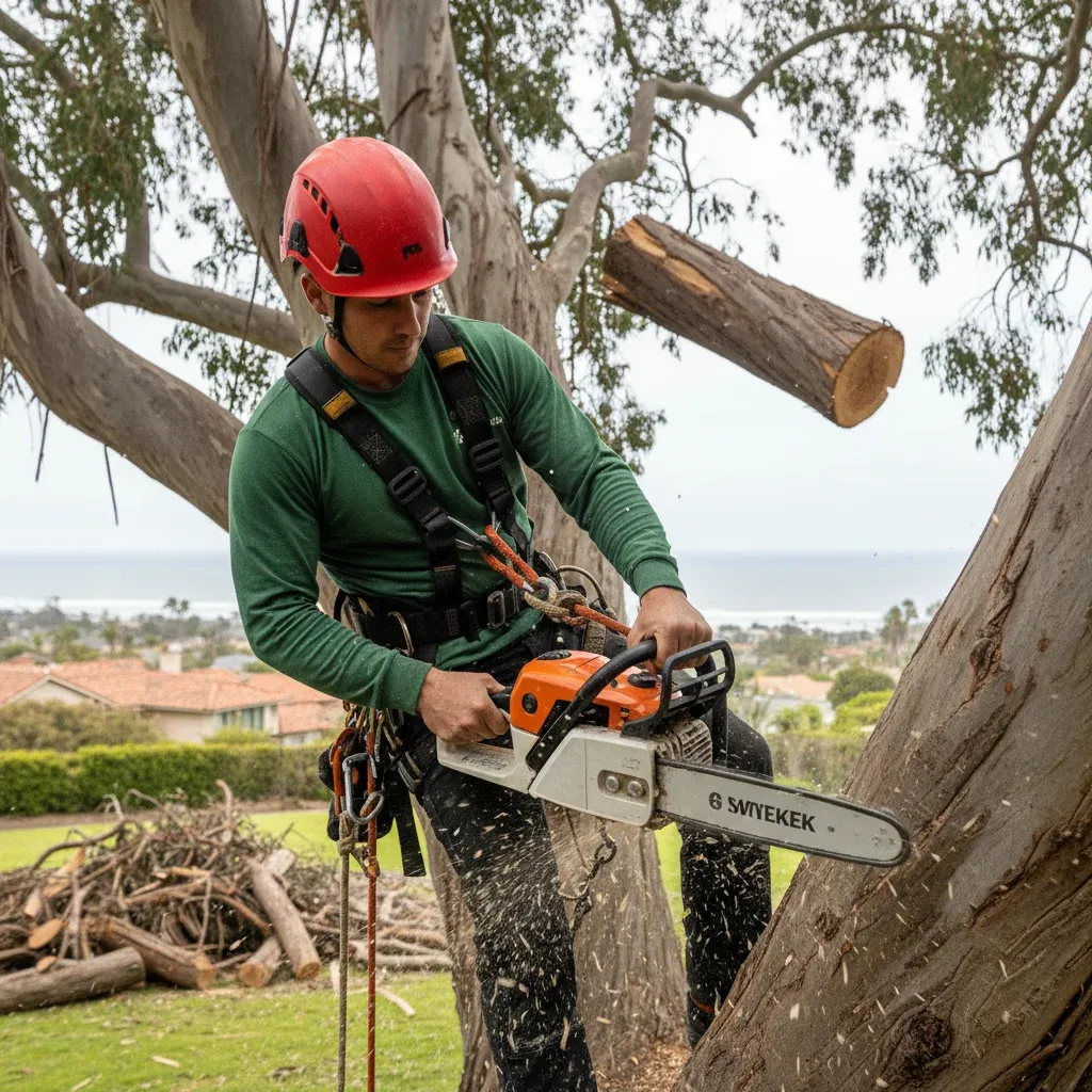 A professional tree crew using ropes and safety gear to remove a large tree section by section near a San Diego home