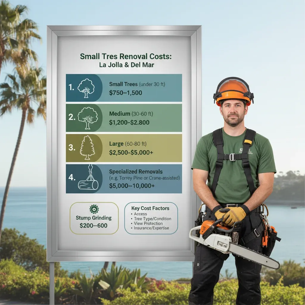 Infographic detailing tree removal cost factors and average ranges for La Jolla and Del Mar, including tree size, access, and specific species.