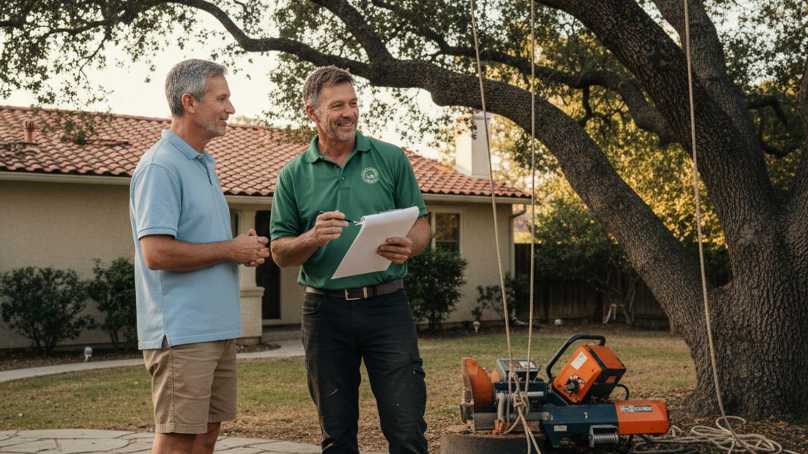 Arborist reviewing a tree removal quote on a clipboard with a homeowner in a San Diego front yard