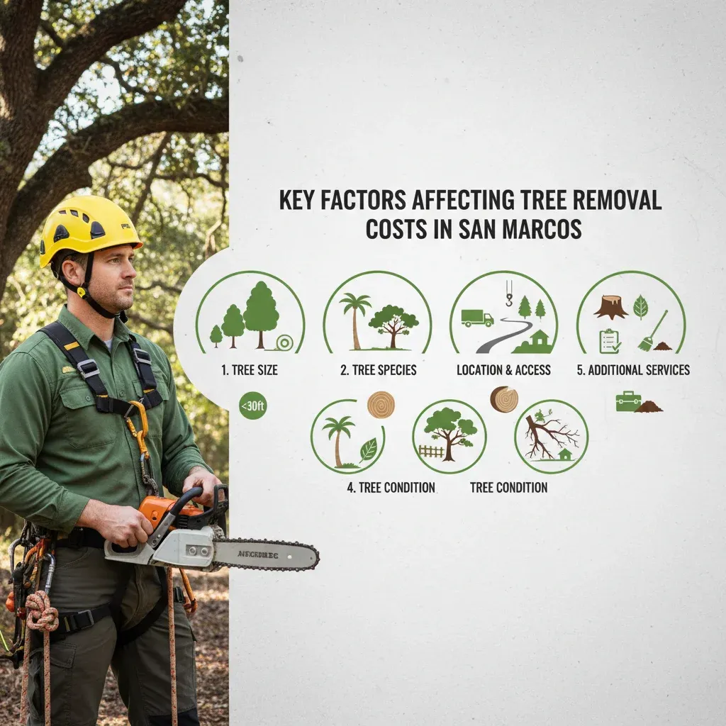 An infographic detailing key factors that influence the cost of tree removal in San Marcos, including tree size, location, access, and species.