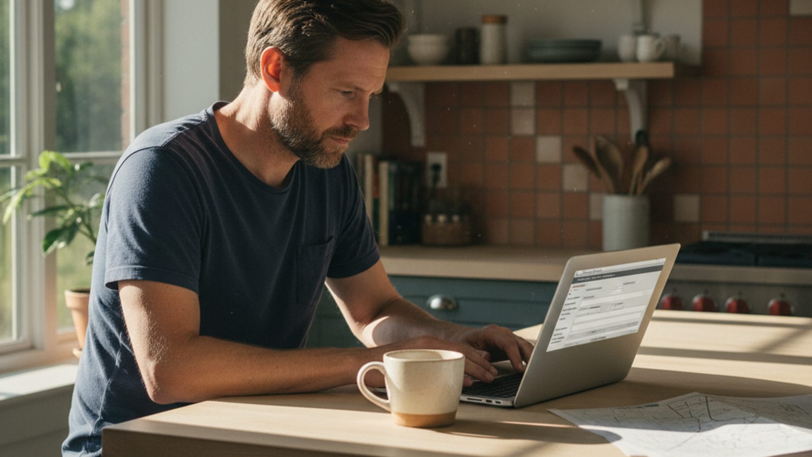 Permit application paperwork for tree removal on a clipboard with a mature oak tree in the background