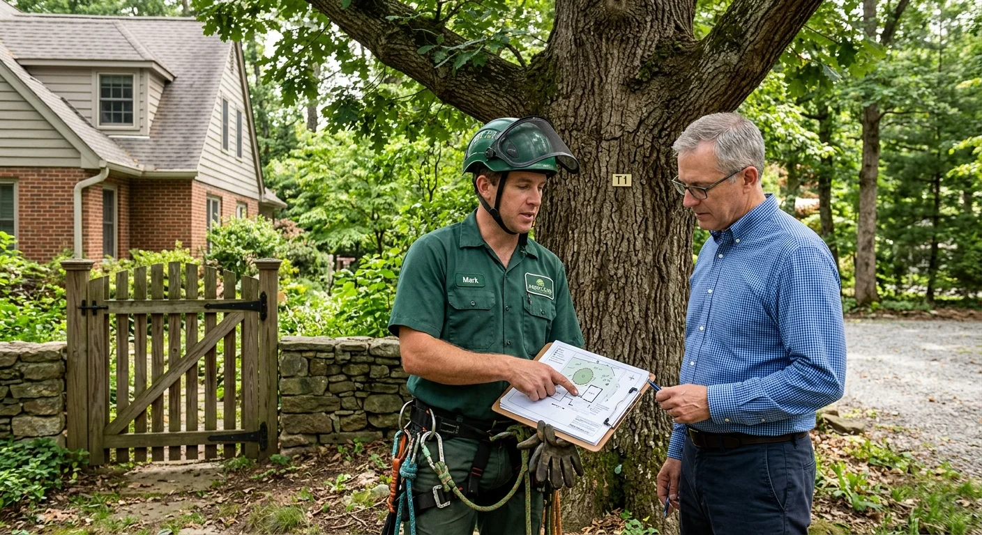 Two people with a paper plan standing beside a tagged tree
