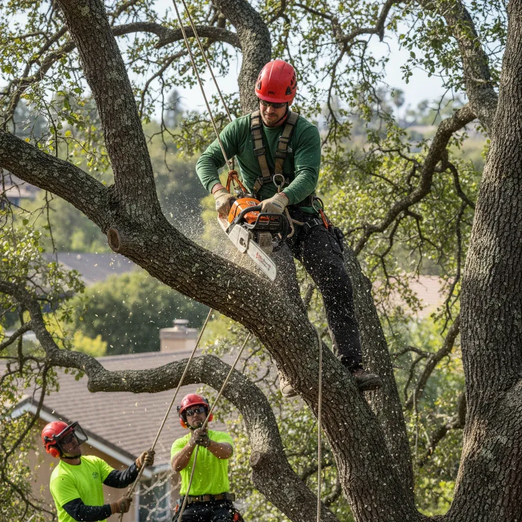 A tree service crew using a stump grinder on a large stump in a Rancho Bernardo property.