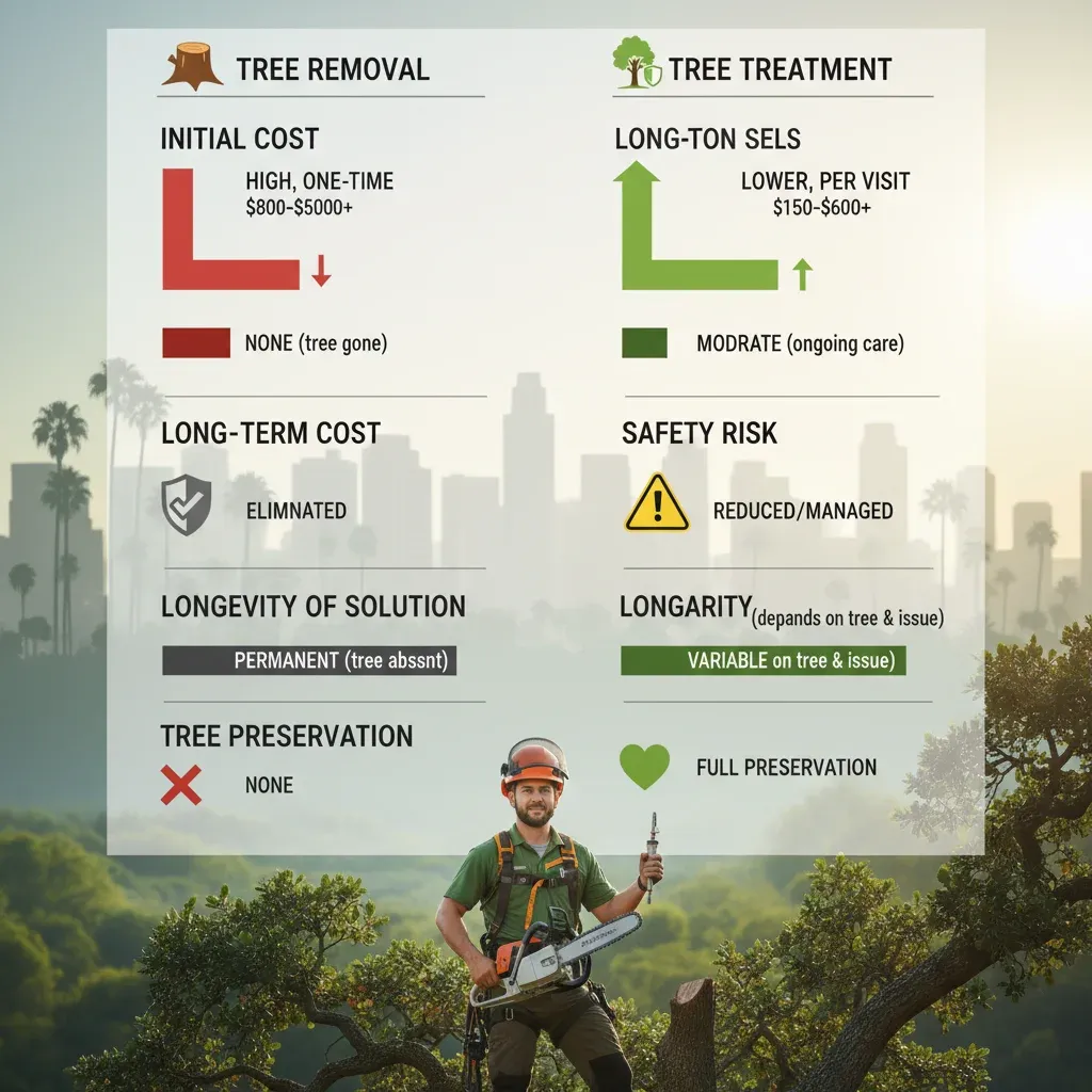 Infographic comparing typical costs and pros/cons of tree removal versus ongoing tree treatment in San Diego, including factors like safety and long-term expenses.