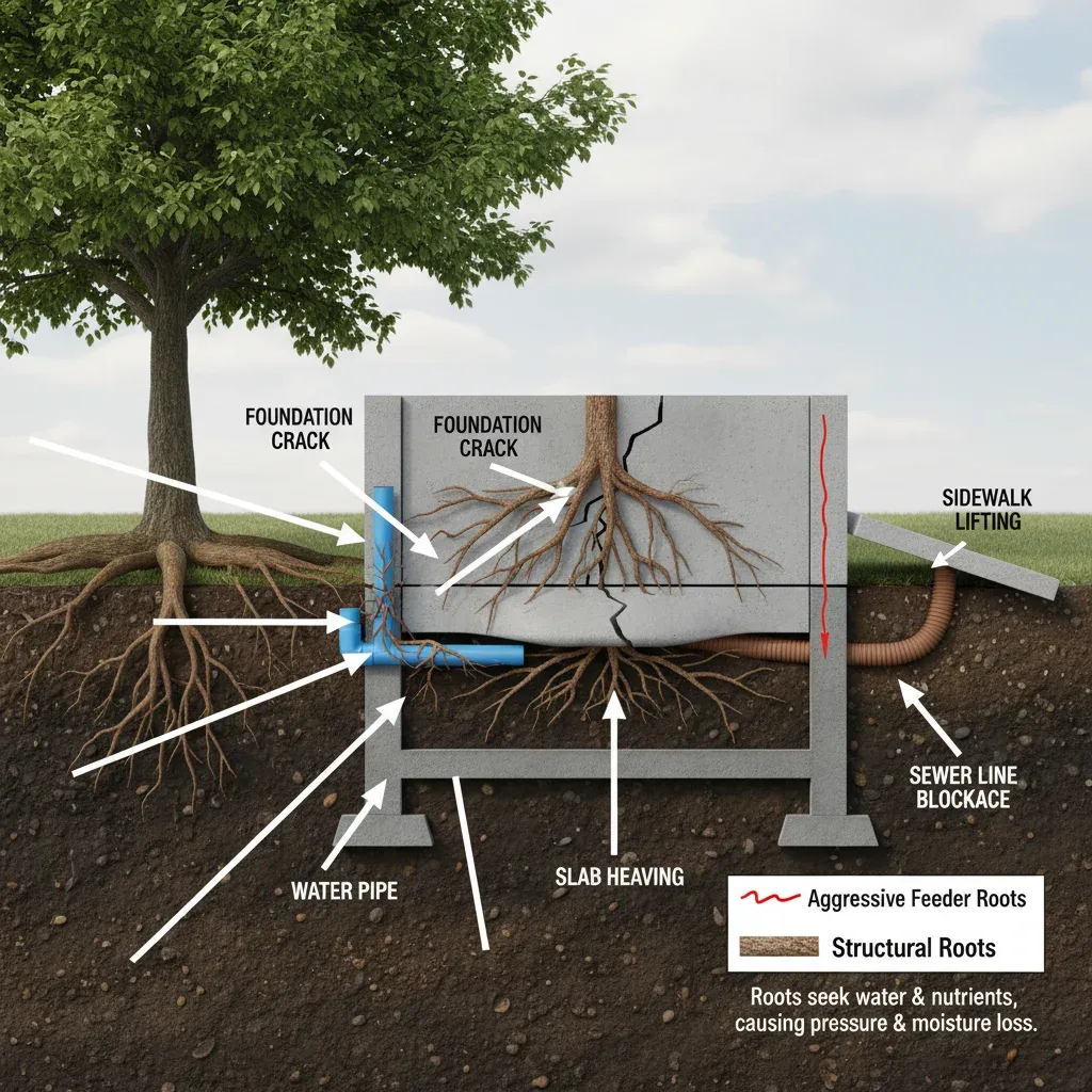 Diagram illustrating how tree roots can damage a home's foundation and common problem areas.