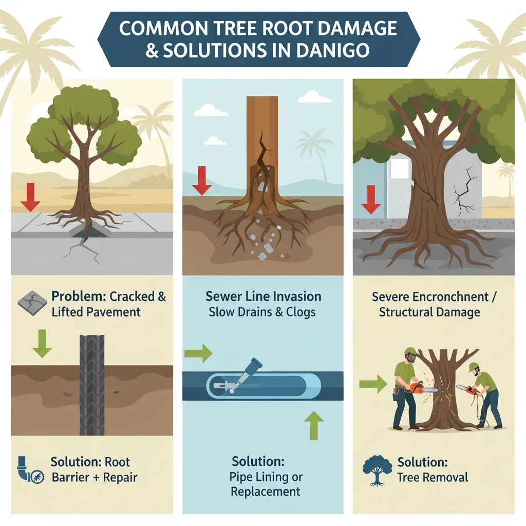 Graphic illustrating how tree roots can invade and clog a sewer pipe, showing points of entry and the resulting blockage.