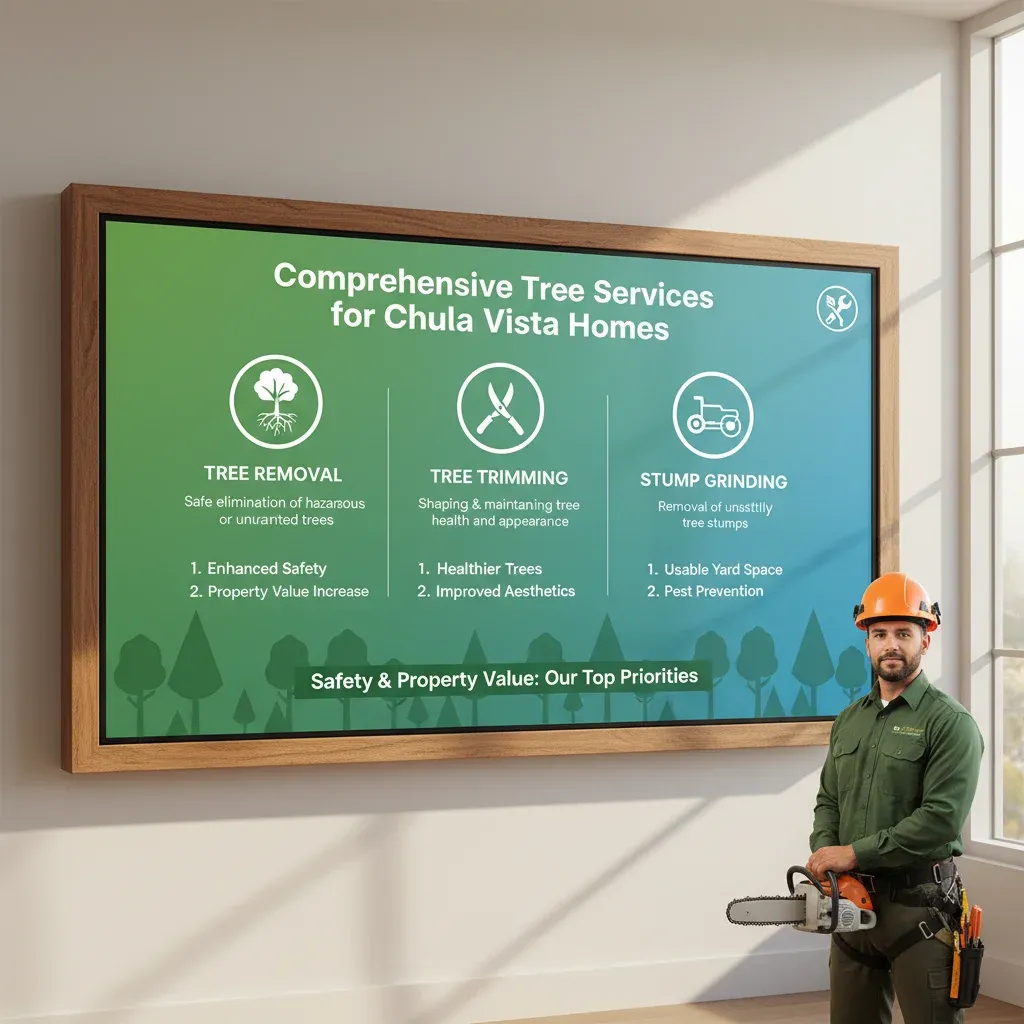 Infographic showing the three main tree services in Chula Vista: removal, trimming, and stump grinding, with key benefits and considerations for each.