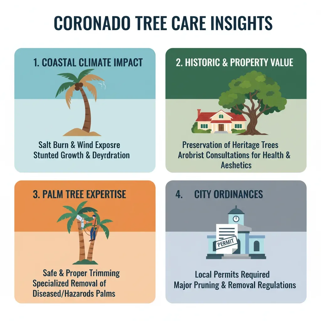 A modern infographic detailing four key aspects of tree care in Coronado: coastal climate impact, historic property value, palm tree expertise, and city ordinance navigation.
