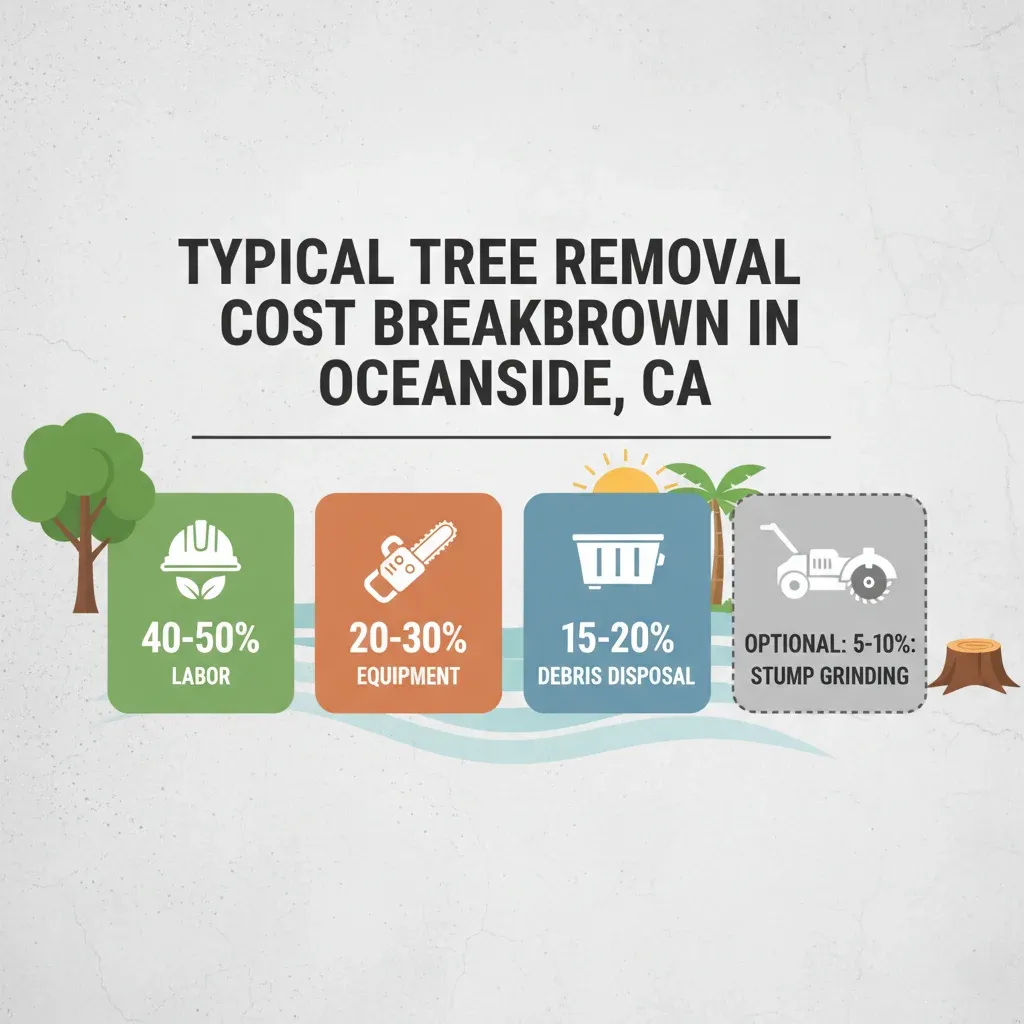 Infographic detailing the cost breakdown for typical tree removal in Oceanside, including labor, equipment, disposal, and optional stump grinding.
