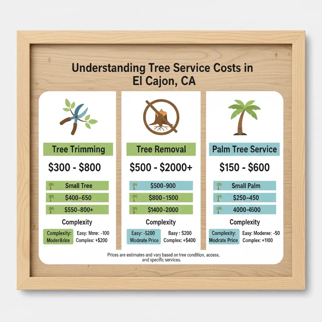 Infographic showing typical tree service costs in El Cajon for tree trimming, tree removal, and palm tree service, with price ranges based on tree size and complexity.