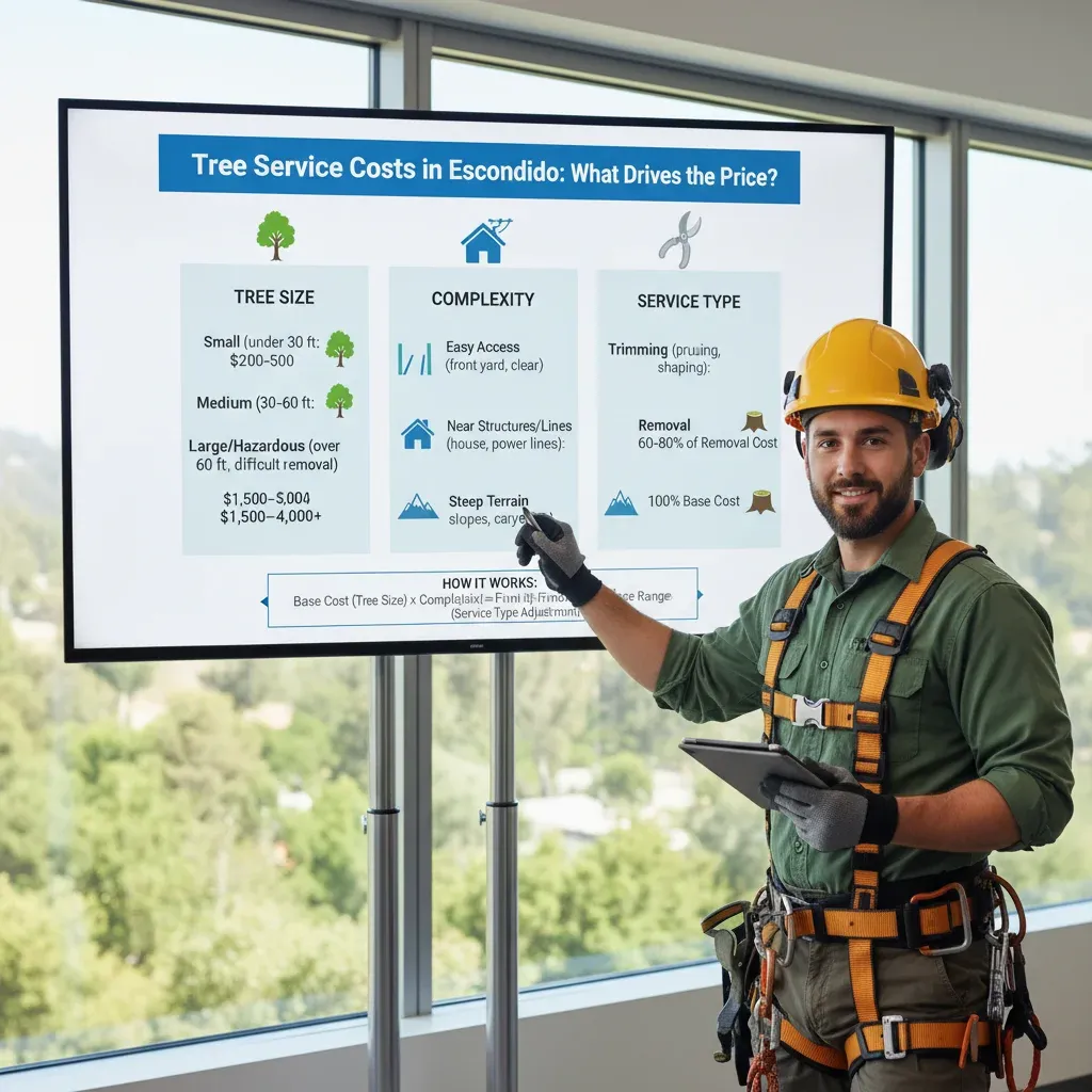 Infographic showing average costs for tree removal and trimming services in Escondido, broken down by tree size and complexity.