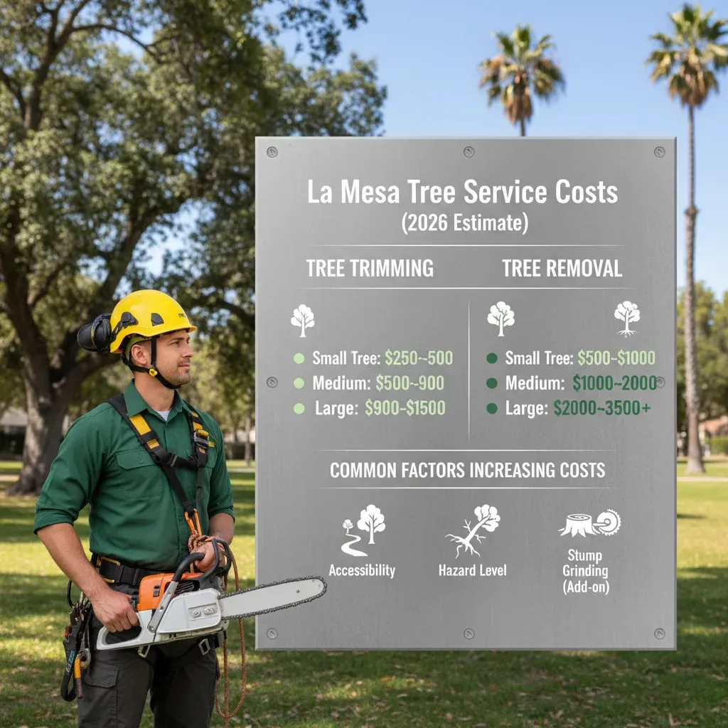 Infographic detailing typical tree removal and trimming costs in La Mesa, highlighting factors like tree size, type, and complexity of work.