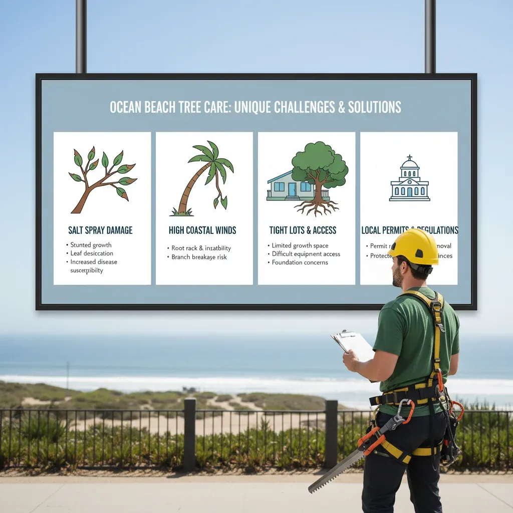Infographic detailing common tree care challenges in Ocean Beach, including salt spray damage, high winds, small lots, and local permitting requirements.