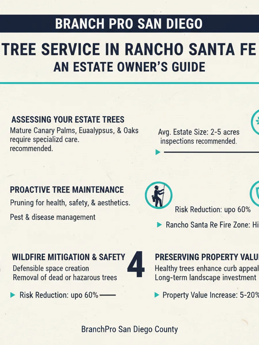 Infographic showing Rancho Santa Fe tree service considerations: heritage oak care, covenant approvals, crane access, and typical cost ranges.
