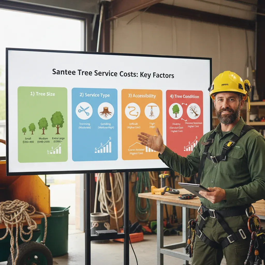 An infographic detailing the key factors influencing tree service costs in Santee, including tree size, service type, accessibility, and urgency.