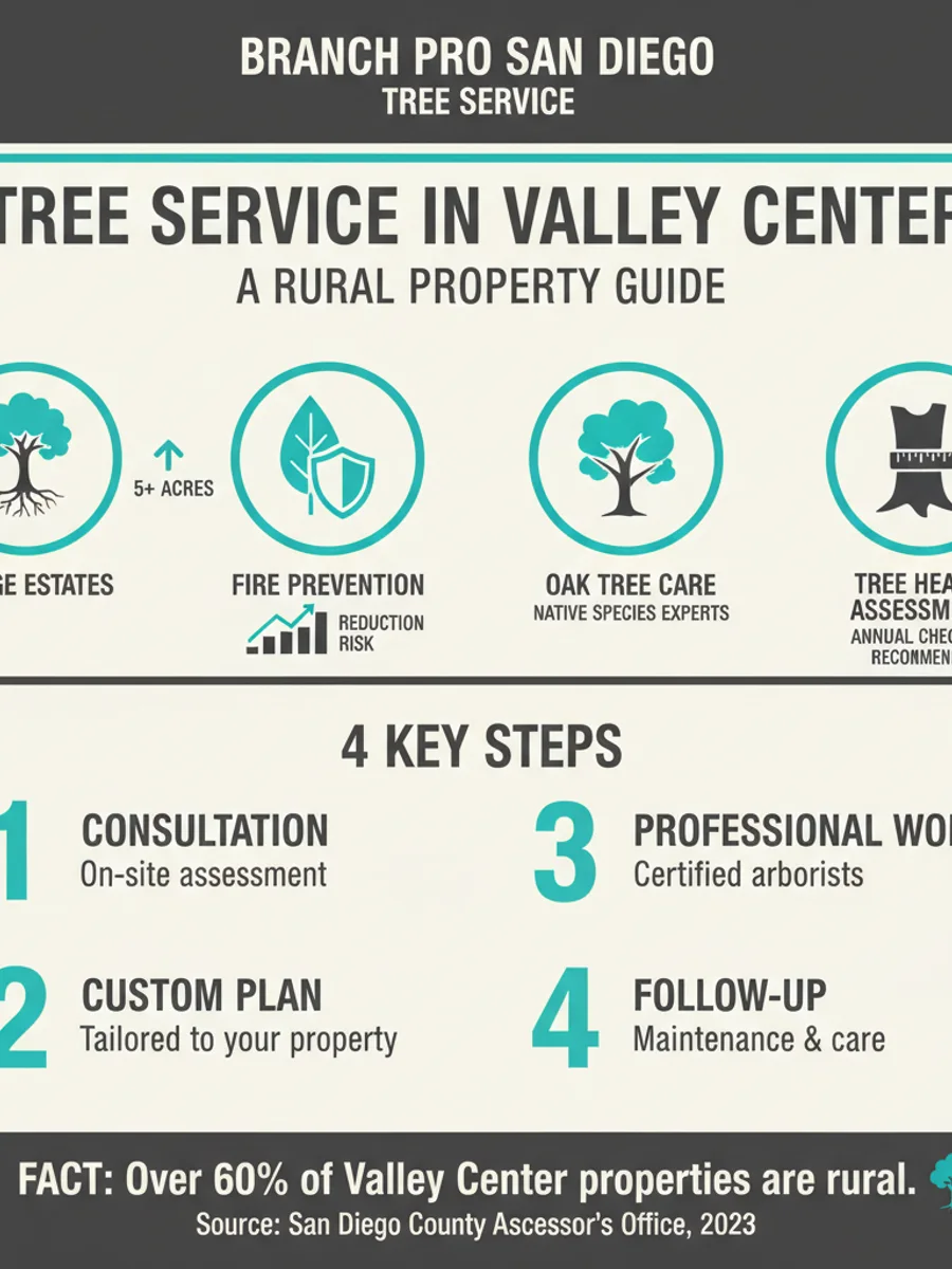 Infographic showing Valley Center tree service costs and rural needs: acreage clearing, oak care, eucalyptus removal, and fire defensible space.