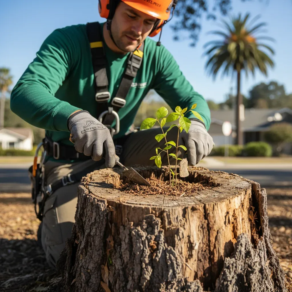 A professional stump grinder machine grinding down a tree stump in a residential San Diego yard.