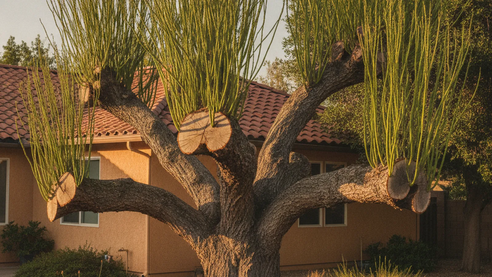 A tree with several large stub cuts and thin whip-like regrowth sprouting from the wounds in a San Diego backyard