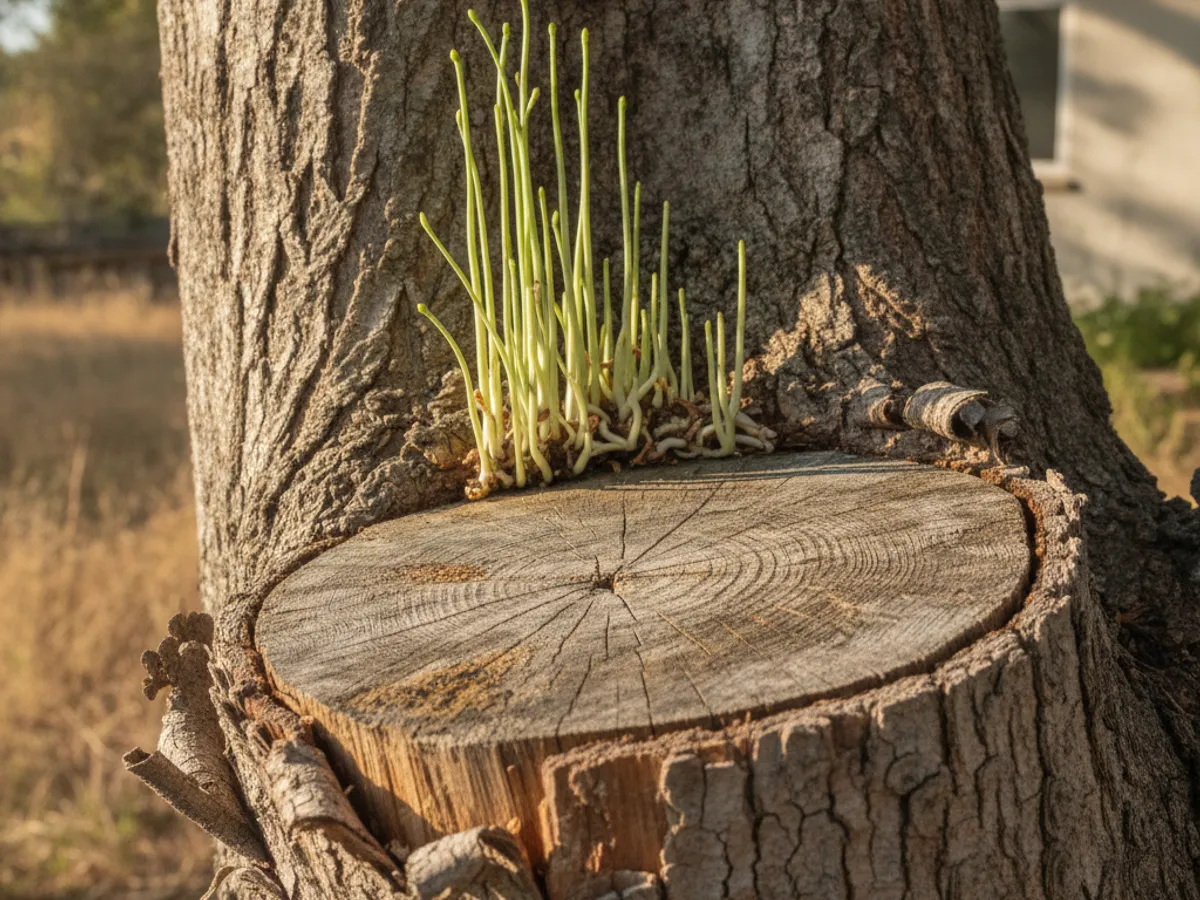 Close-up of a large flat stub cut on a tree trunk with dense weak sprouts growing straight up from the wound