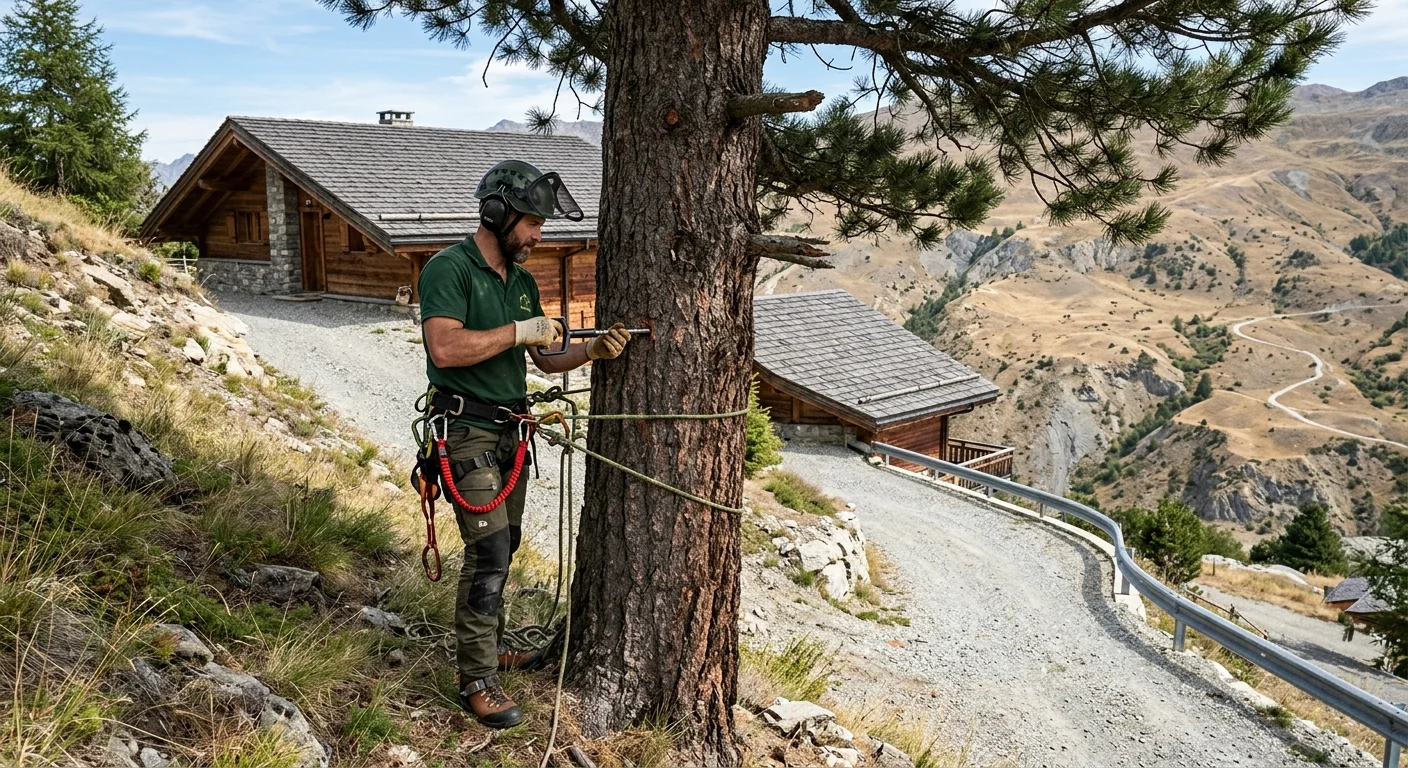 Independent tree professional assessing a mature tree on a sloped Alpine lot