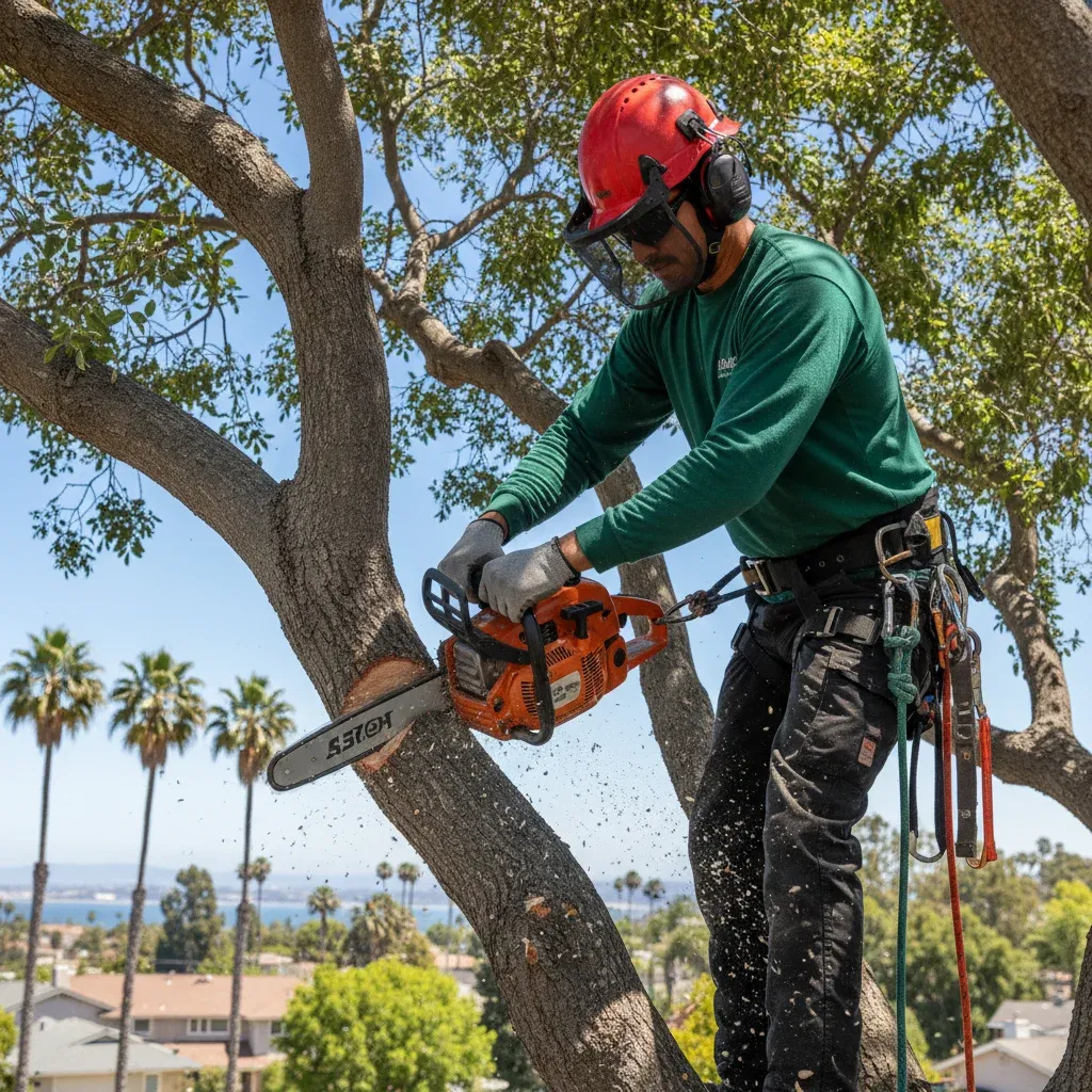 Tree trimming equipment beside a neat pile of cut branches after a San Diego trimming job.