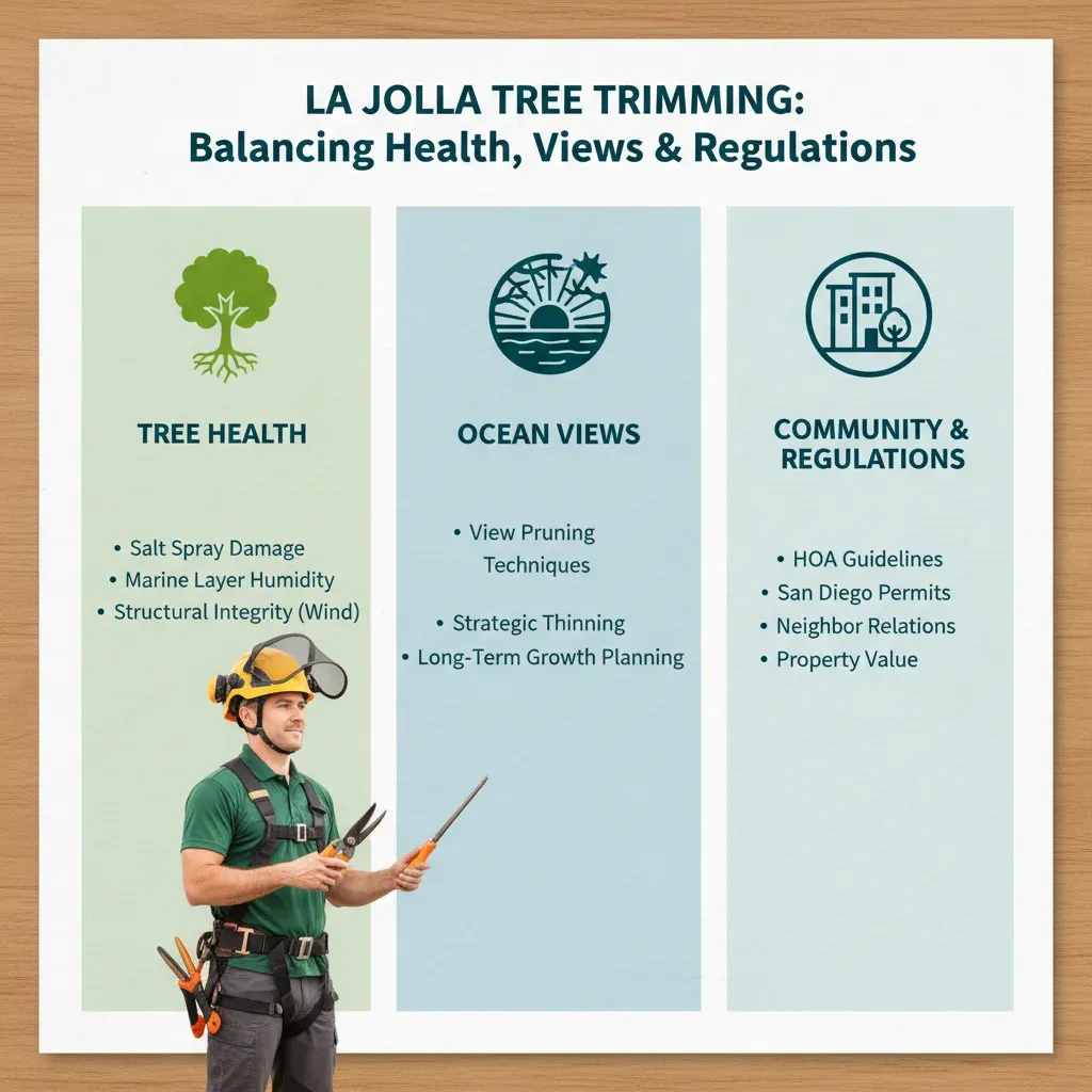 Infographic detailing key factors for tree trimming in La Jolla: balancing health, ocean views, and community regulations.