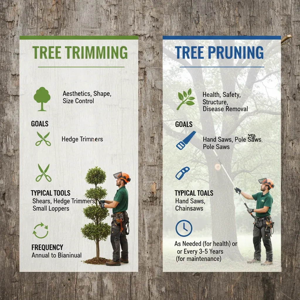 An infographic comparing tree trimming and tree pruning, highlighting their distinct goals, typical tools, and recommended frequencies.