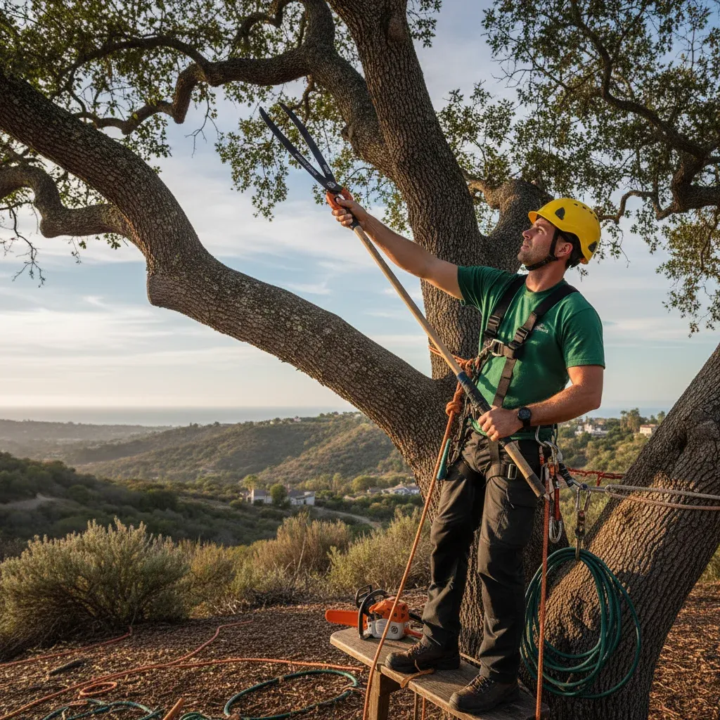 A professional arborist in safety gear trimming a tall tree on a San Diego hillside