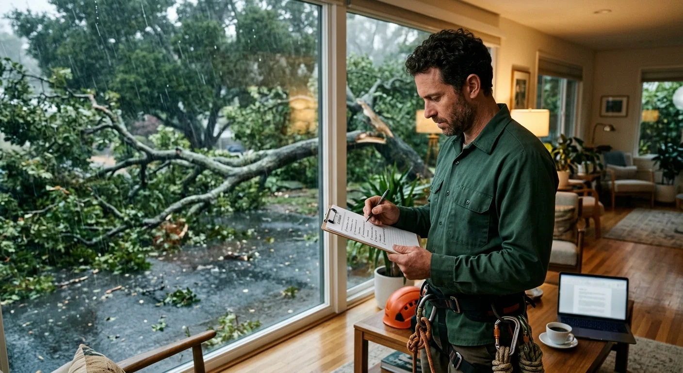 Illustrated man in work clothes and a harness holding a clipboard indoors beside a window, with a fallen tree visible outside