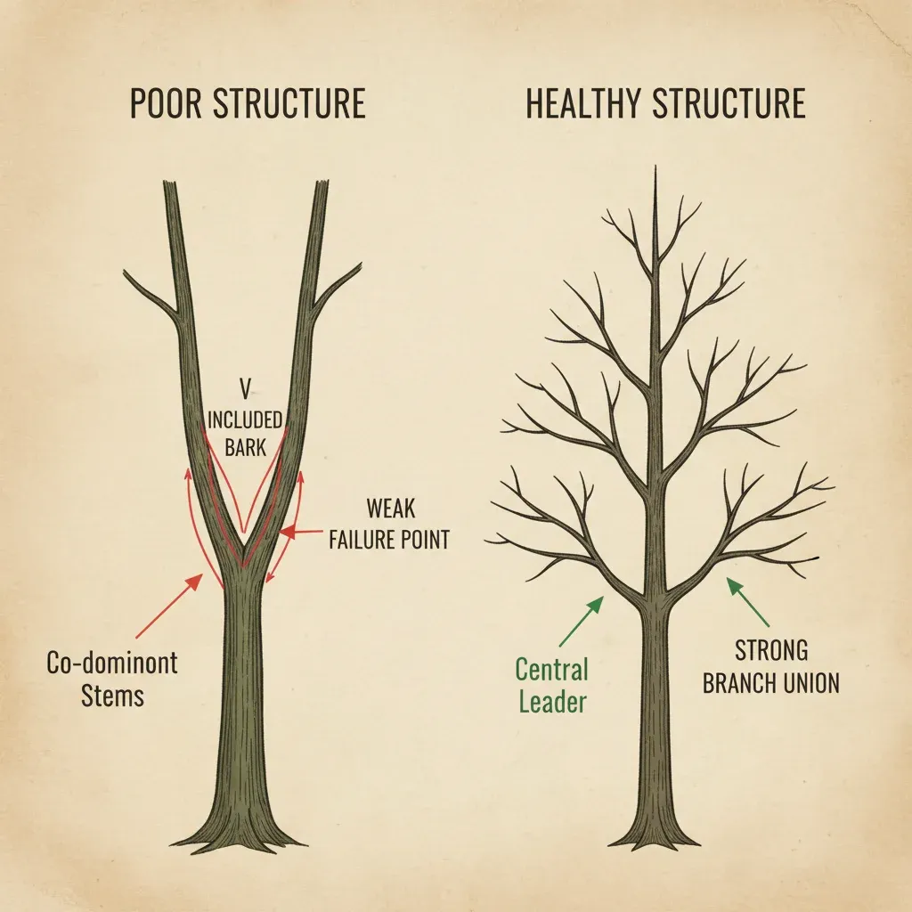 Infographic comparing healthy tree structure with a strong central leader to poor structure with co-dominant stems, showing potential for failure.
