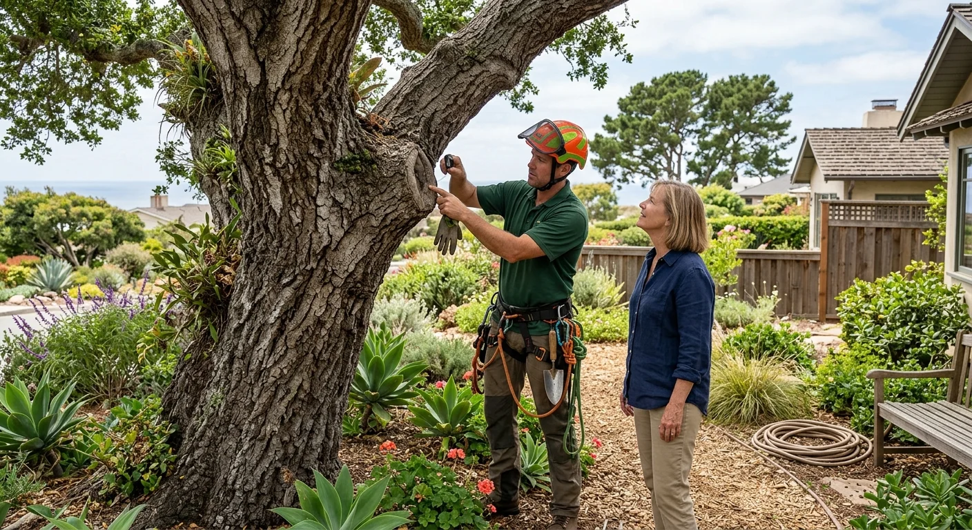Two people standing beside a tree trunk