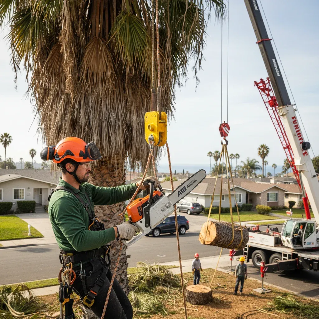 Branch Pro San Diego crew rigging a large tree branch for crane-assisted removal.
