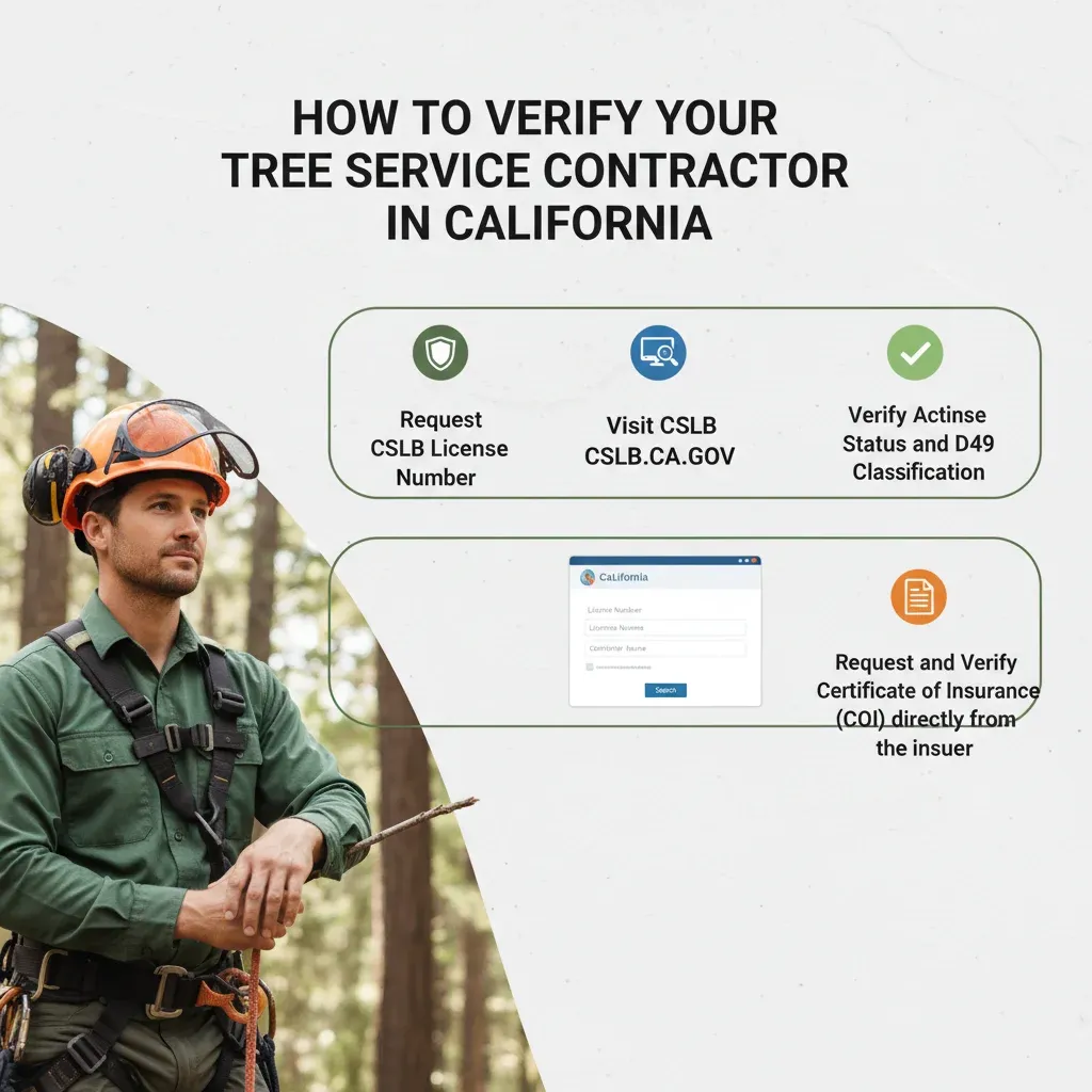 An infographic illustrating how to verify a tree service contractor's license and insurance through the California CSLB website.