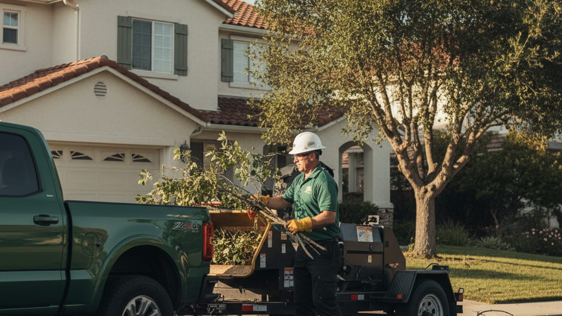 ISA-certified arborist inspecting a mature oak with a diagnostic notebook beside a San Diego home in warm afternoon light