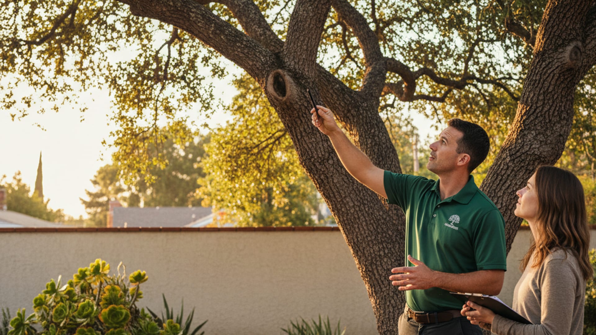 Certified arborist discussing a pruning plan with a homeowner beside a mature oak tree in a San Diego yard