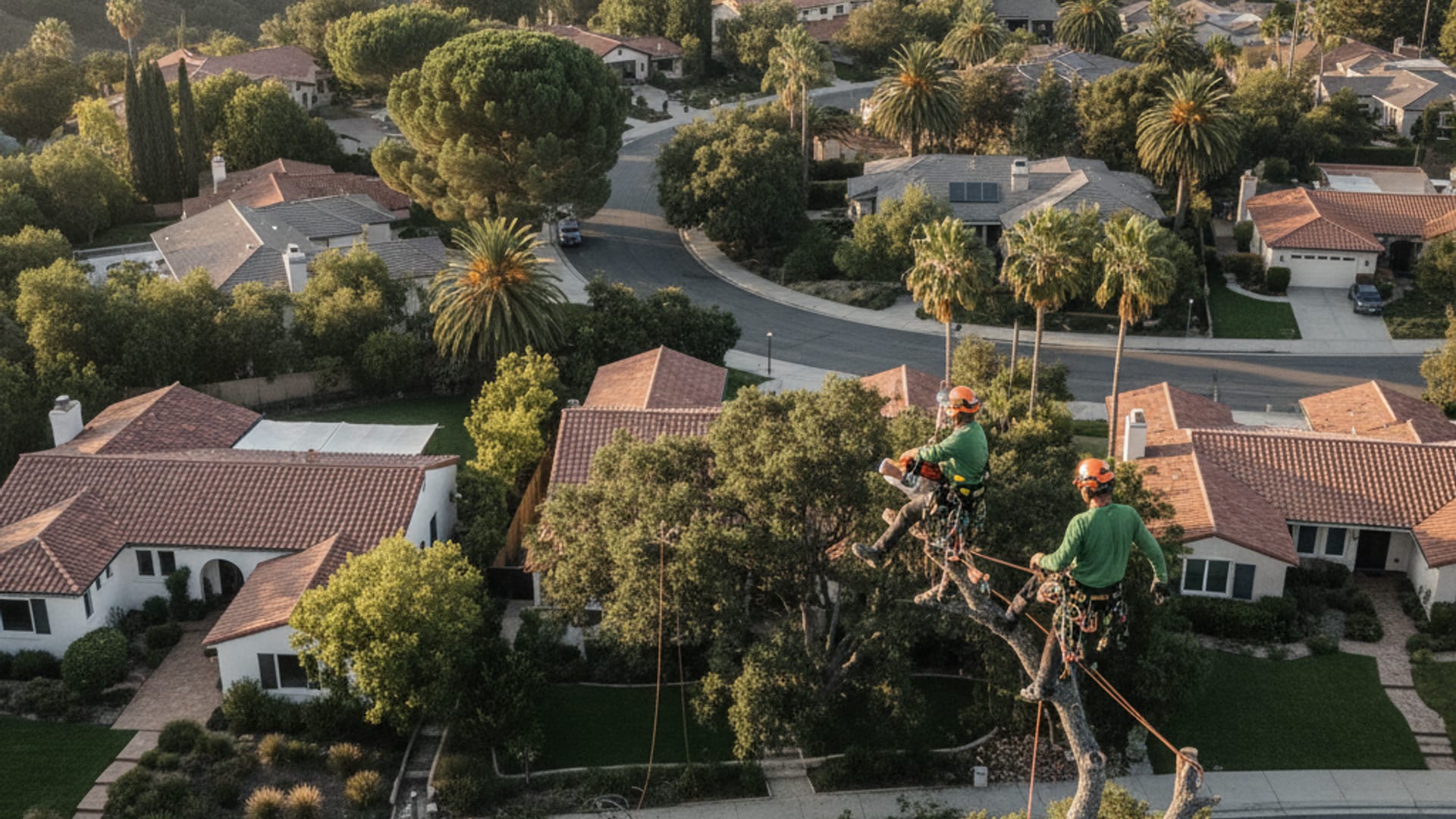 Aerial view of a San Diego County residential neighborhood with mature trees, coast live oaks, palms, and stucco homes at golden hour