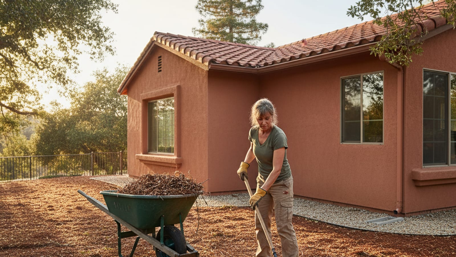 Homeowner raking dried leaves and pine needles from the five-foot zone next to a San Diego stucco home with a clean gravel border