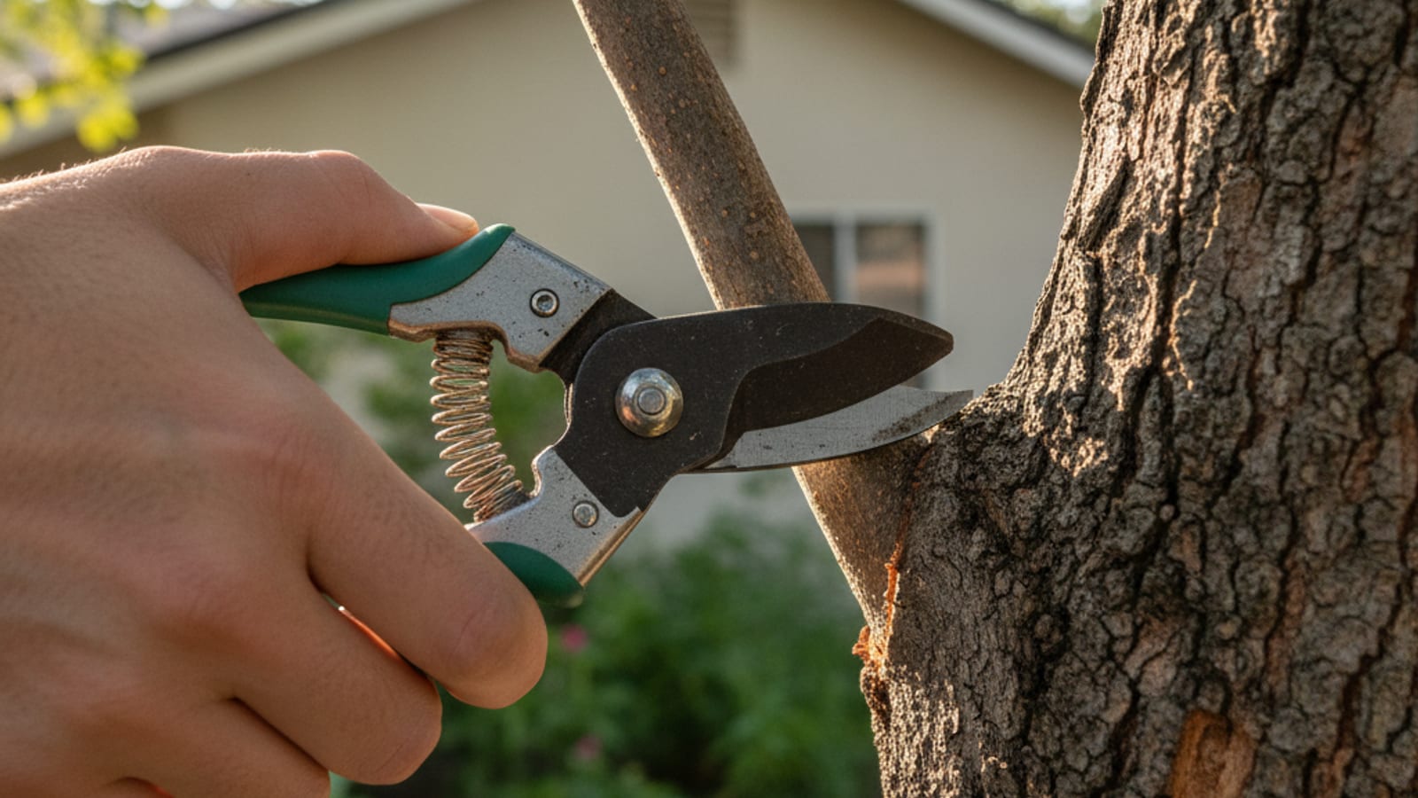 Close-up of a hand pruner making a clean cut just outside the branch collar of a small tree limb