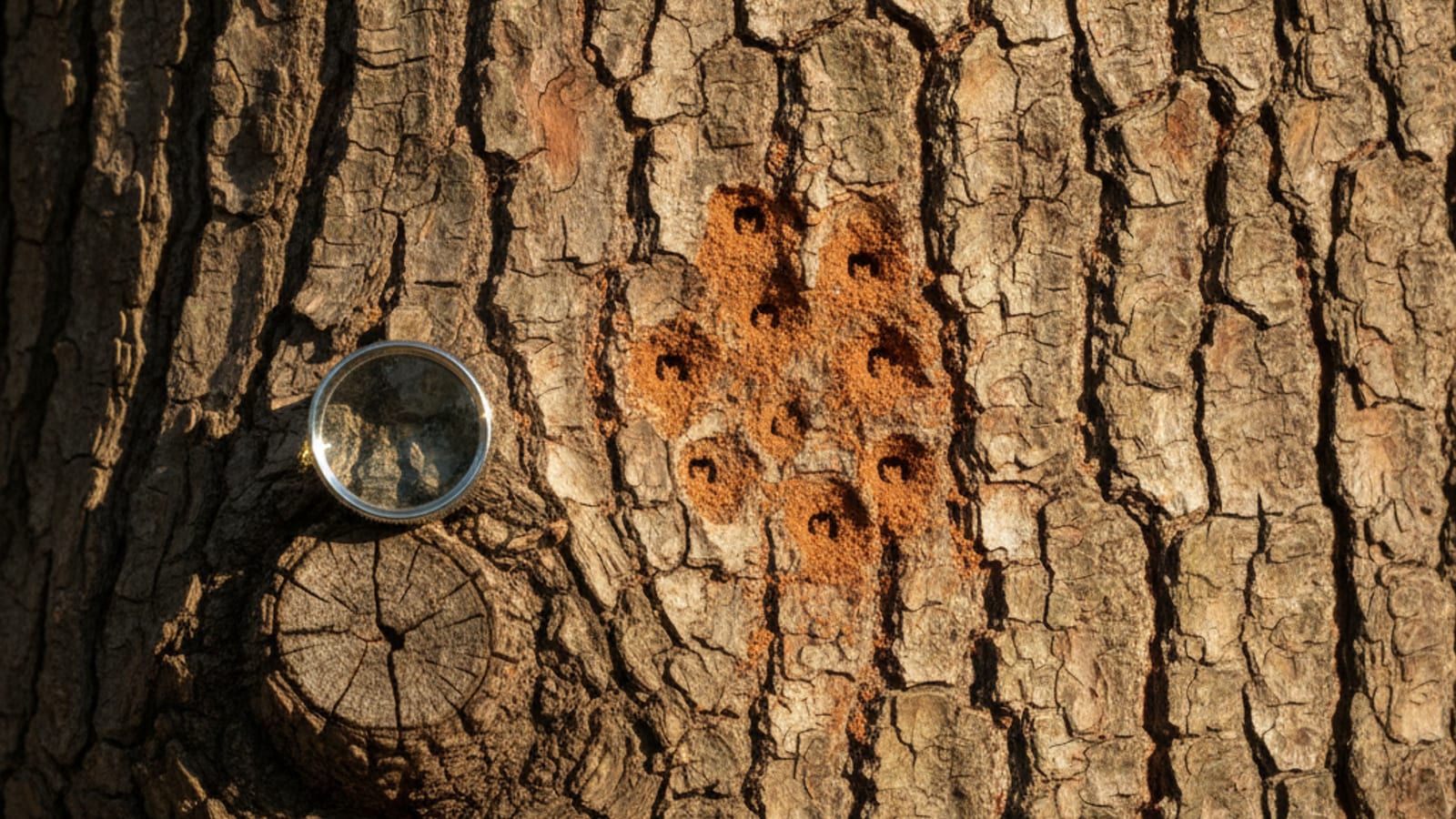 Close-up of a tree trunk showing small round exit holes and frass, evidence of a wood-boring beetle infestation