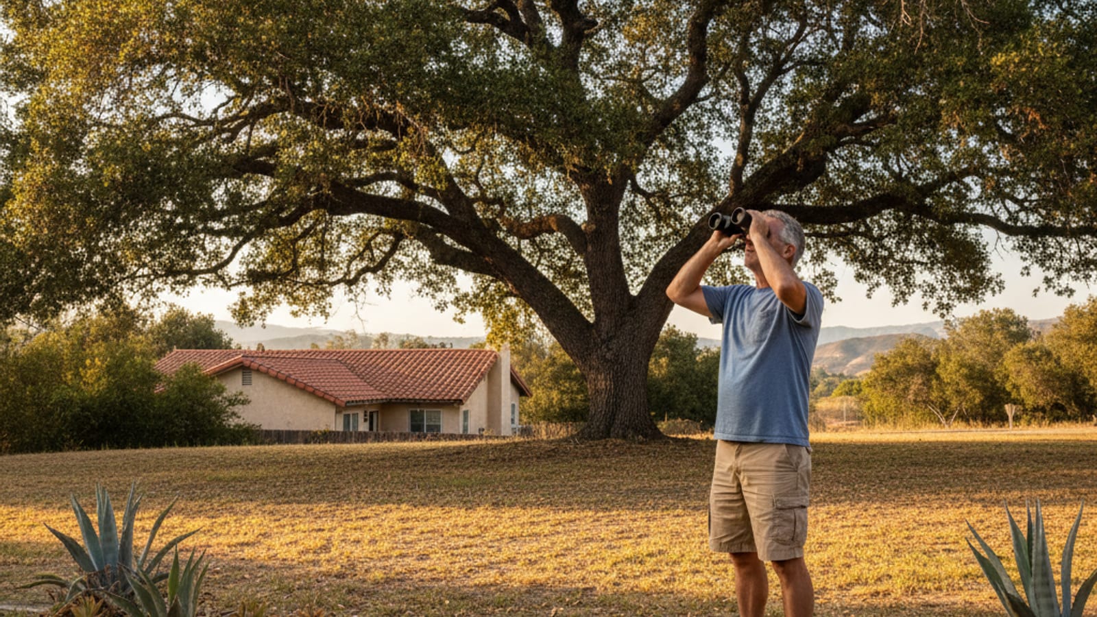 Homeowner looking up into the canopy of a backyard tree with a pair of binoculars, scanning for dead branches before storm season