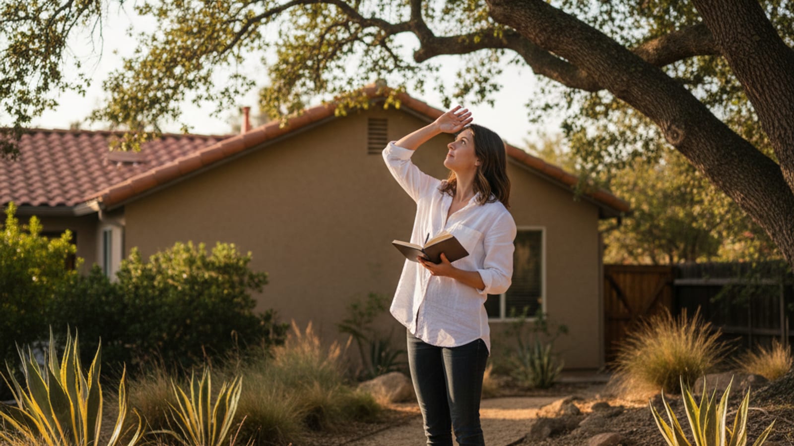 Homeowner walking a San Diego backyard looking up at a mature oak, checking canopy density and trunk condition