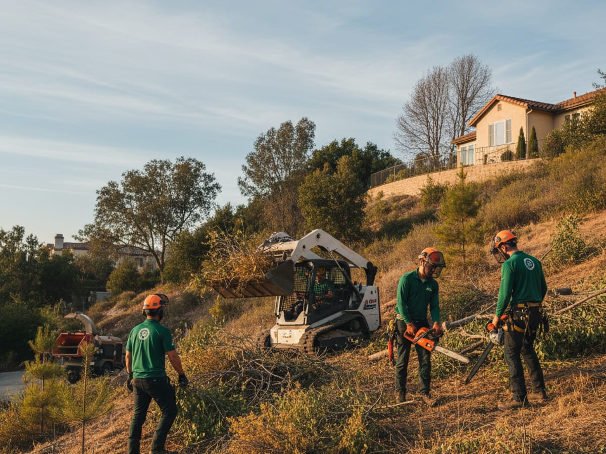 Land clearing crew working an overgrown hillside in East County San Diego for defensible space