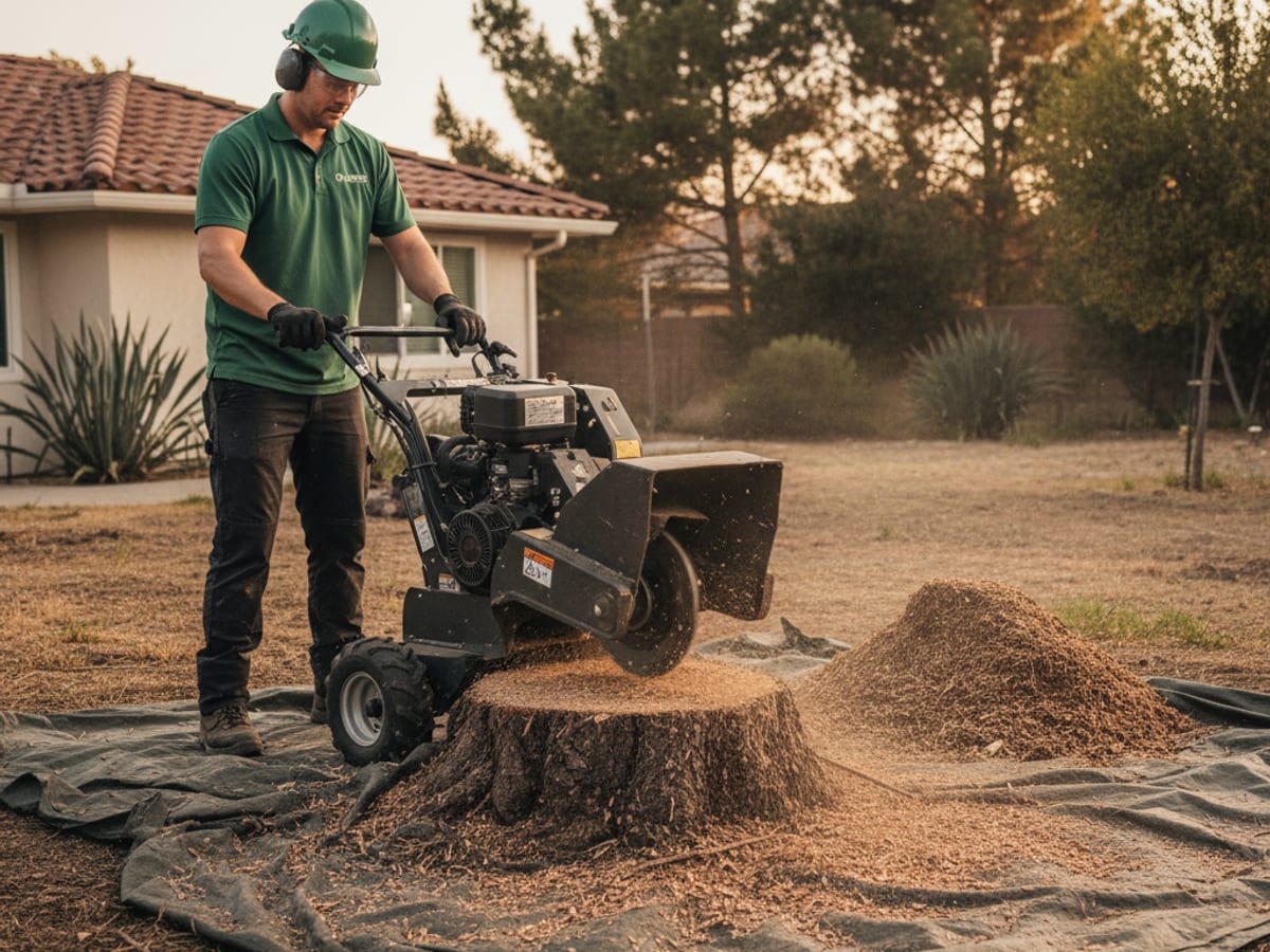 Self-propelled stump grinder removing a tree stump from a San Diego lawn