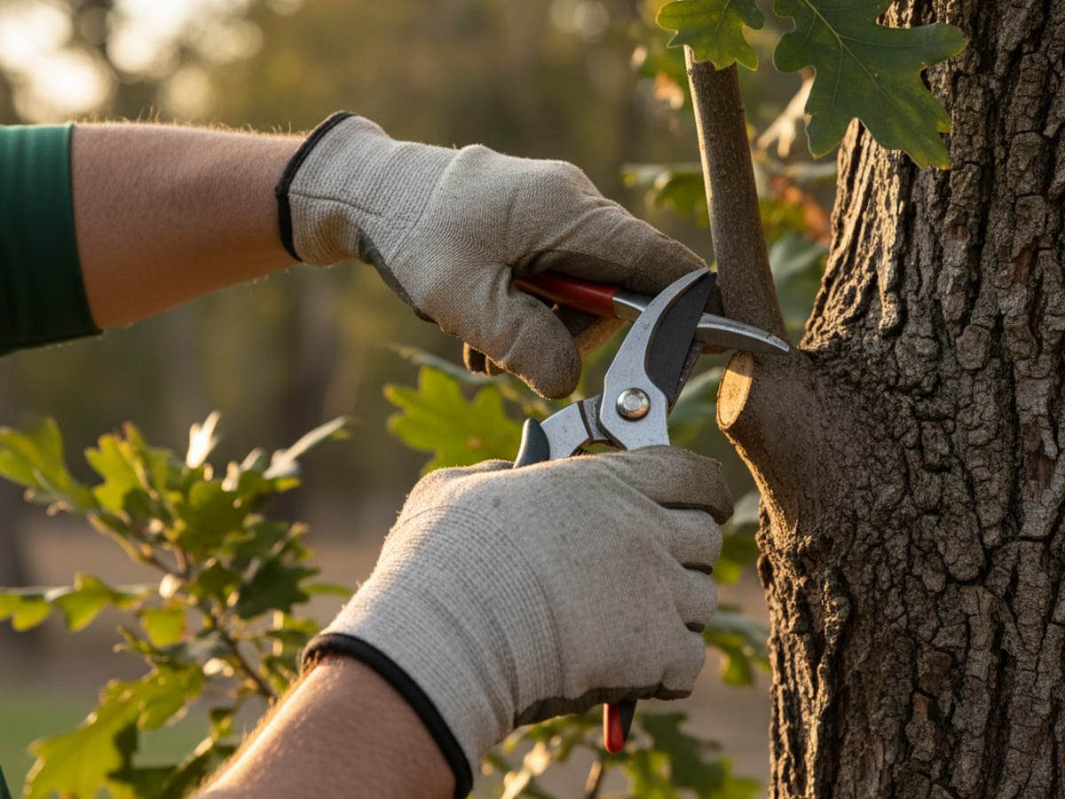 Certified arborist making a structural pruning cut on a young oak in San Diego