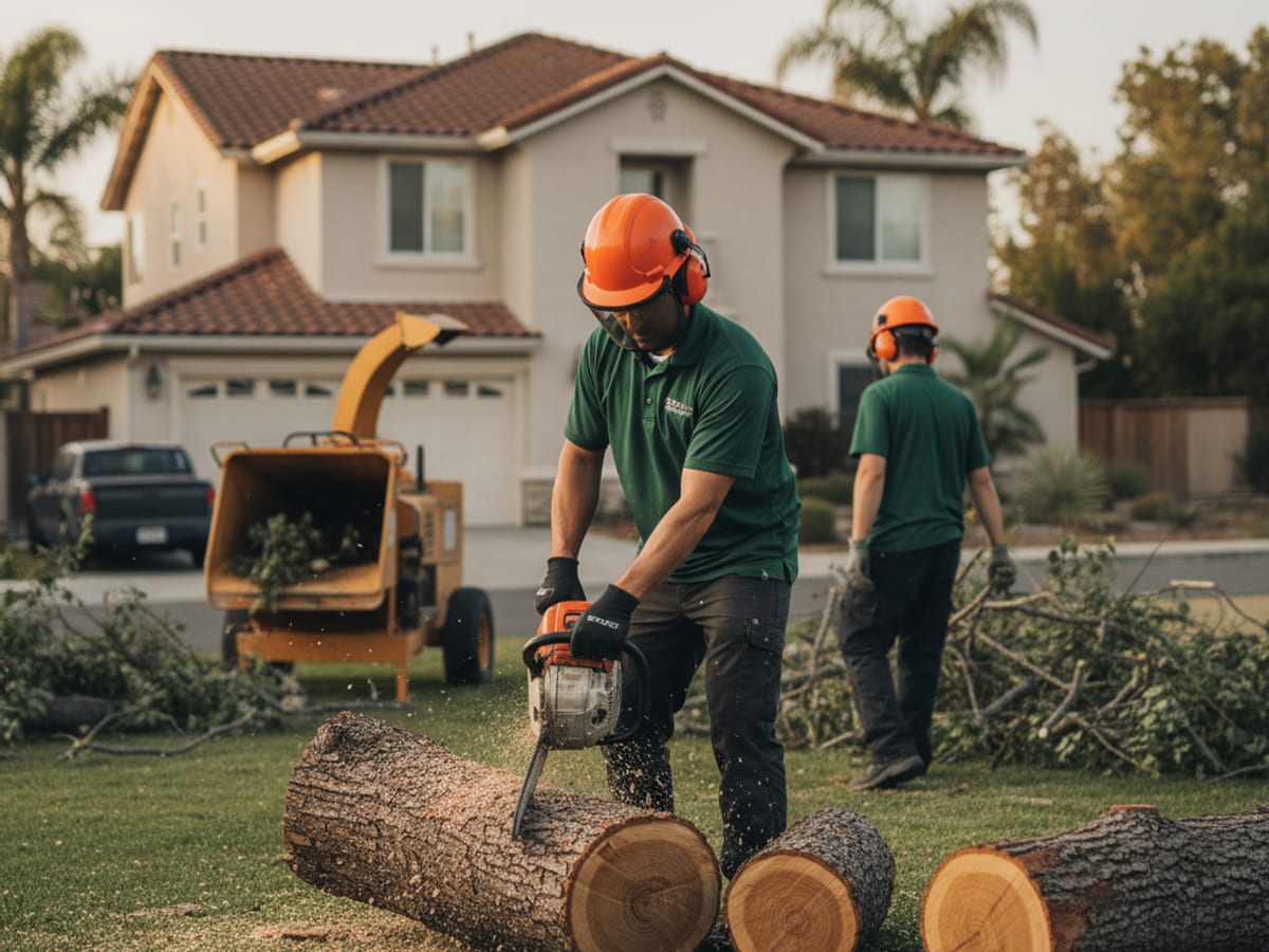 Arborist in climbing gear working a large tree removal in a San Diego backyard