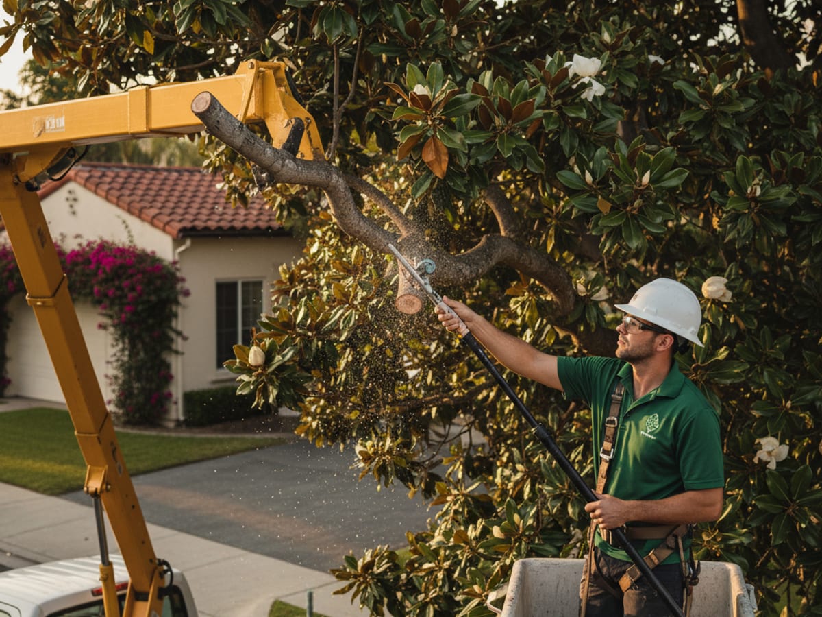 Tree service crew member trimming a eucalyptus canopy from a bucket truck in San Diego